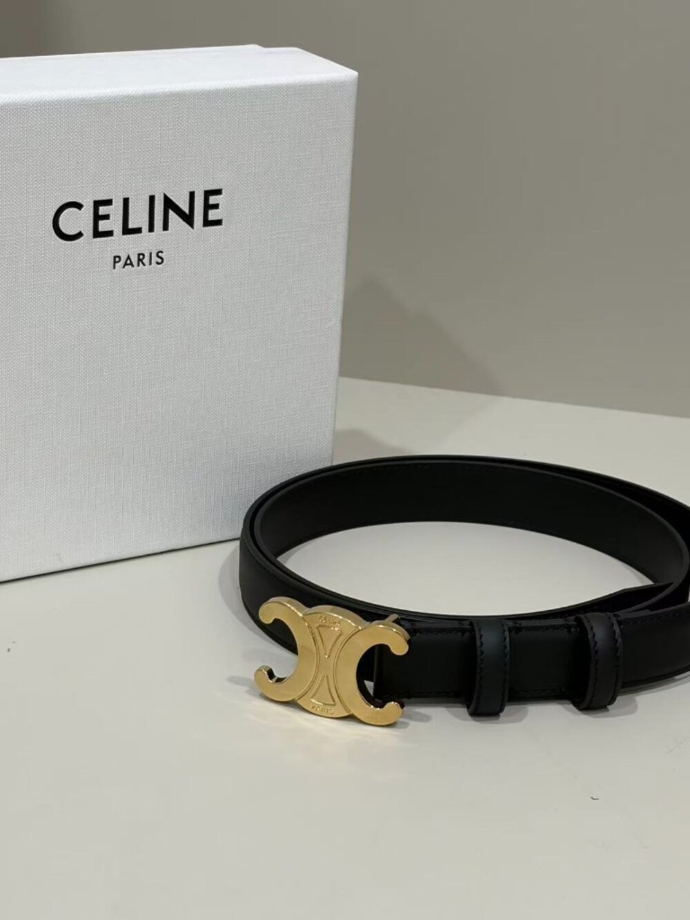 Celine Style Triomphe Black Leather Belt Gold Buckle Size 85